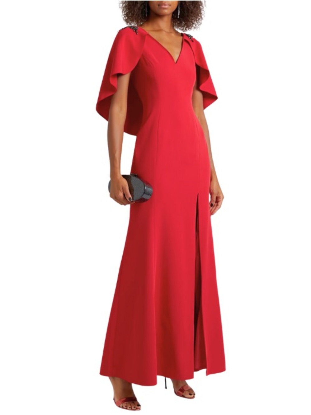 Marchesa Red V-Neck Cape-Sleeve Maxi Gown
